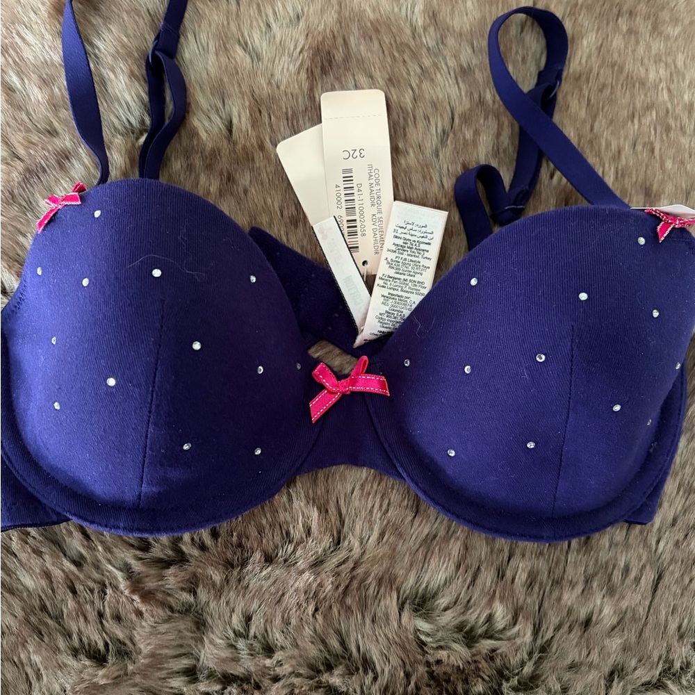 🌸NWT La Senza Women’s Navy Blue Bra with Pink Accent Bow sz 32C